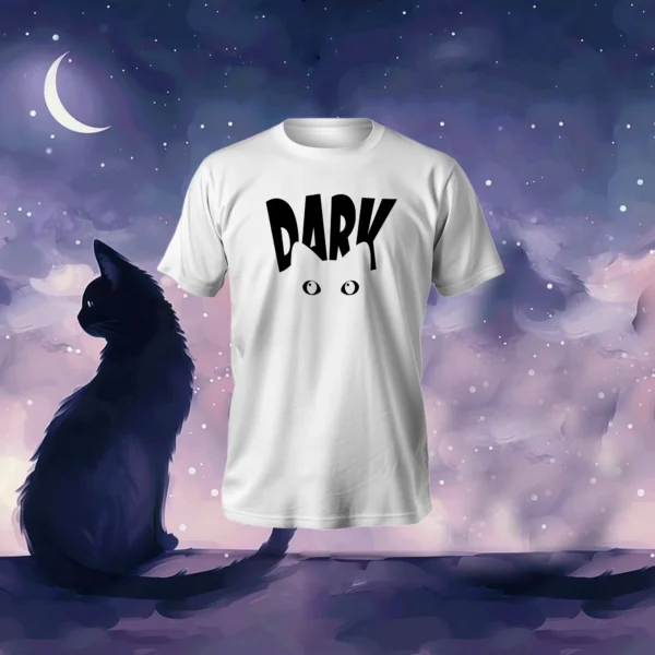 Dark Cat T-Shirt in black featuring anime-style shadow cat graphic, regular fit, and polyester-cotton fabric.