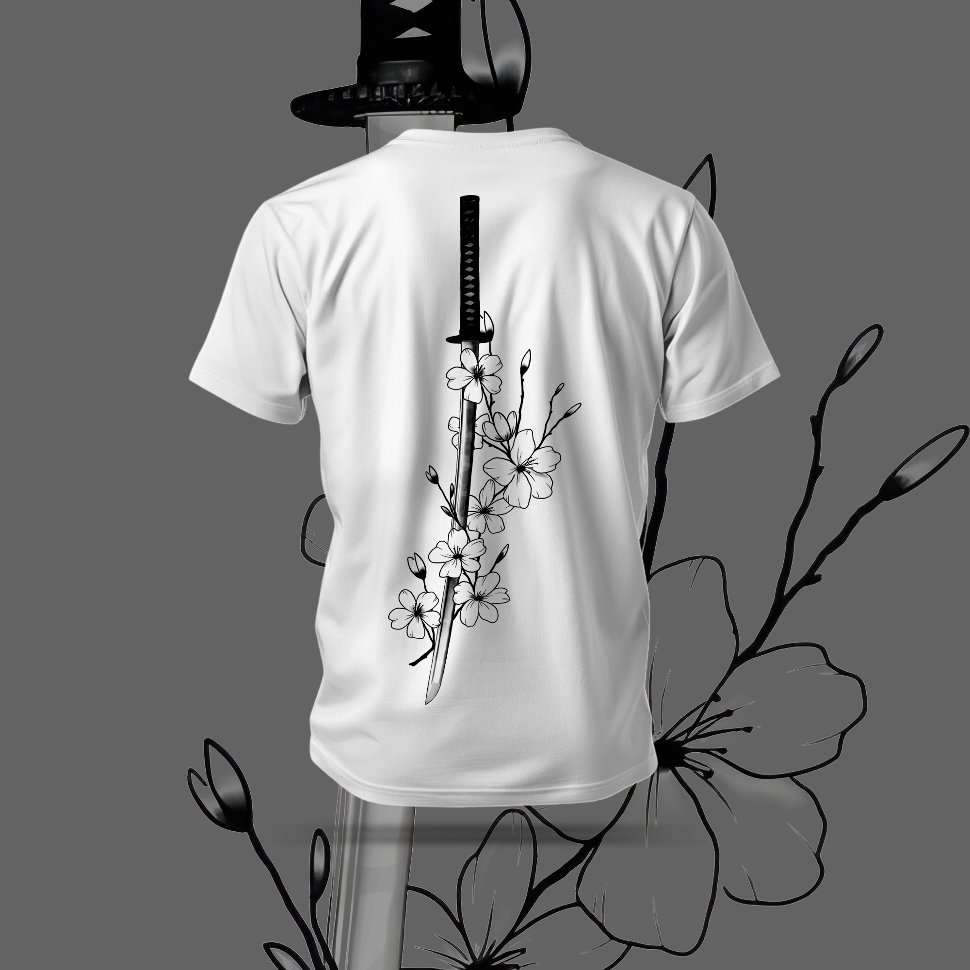 Flower Sword T-Shirt in black with anime-inspired sword and floral design, regular fit polyester-cotton blend.