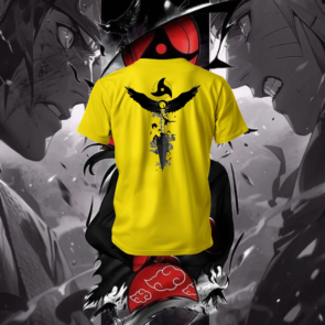 Itachi Eye T-Shirt in black, featuring Sharingan design on soft polyester-cotton fabric, available in multiple sizes.