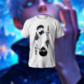 Dual Gojo T-Shirt in black with anime graphic, regular fit, made from soft polyester-cotton blend.