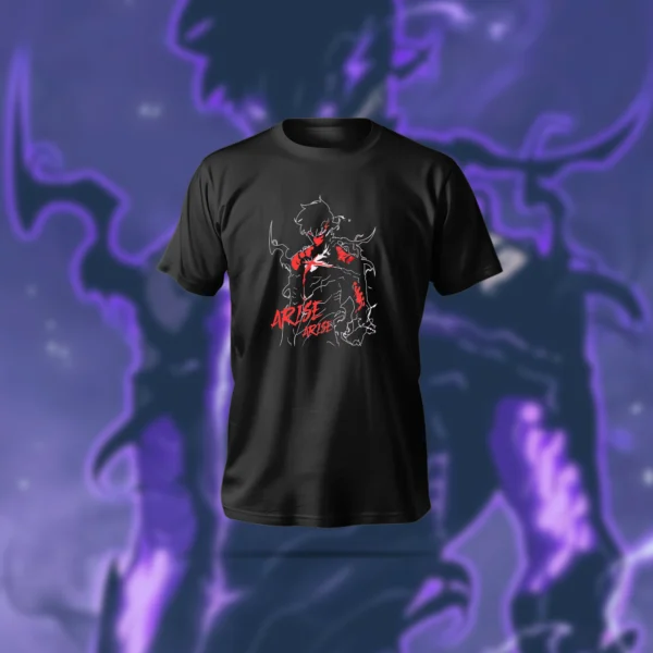 Sung jinwo T-Shirt with anime character design, regular fit, black color, polyester-cotton fabric.