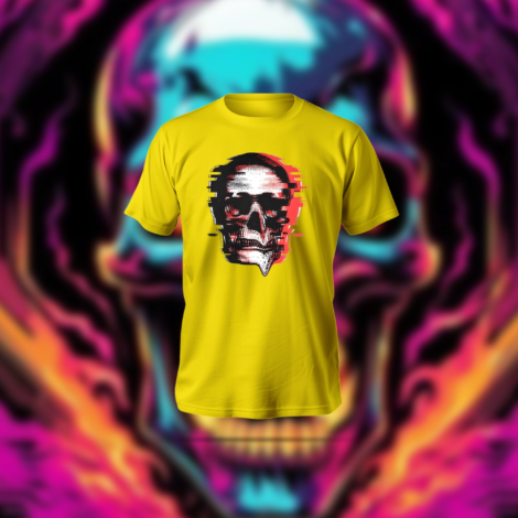 Gltich Skull T-Shirt in black featuring glitch-style anime skull print and soft polyester-cotton blend fabric.