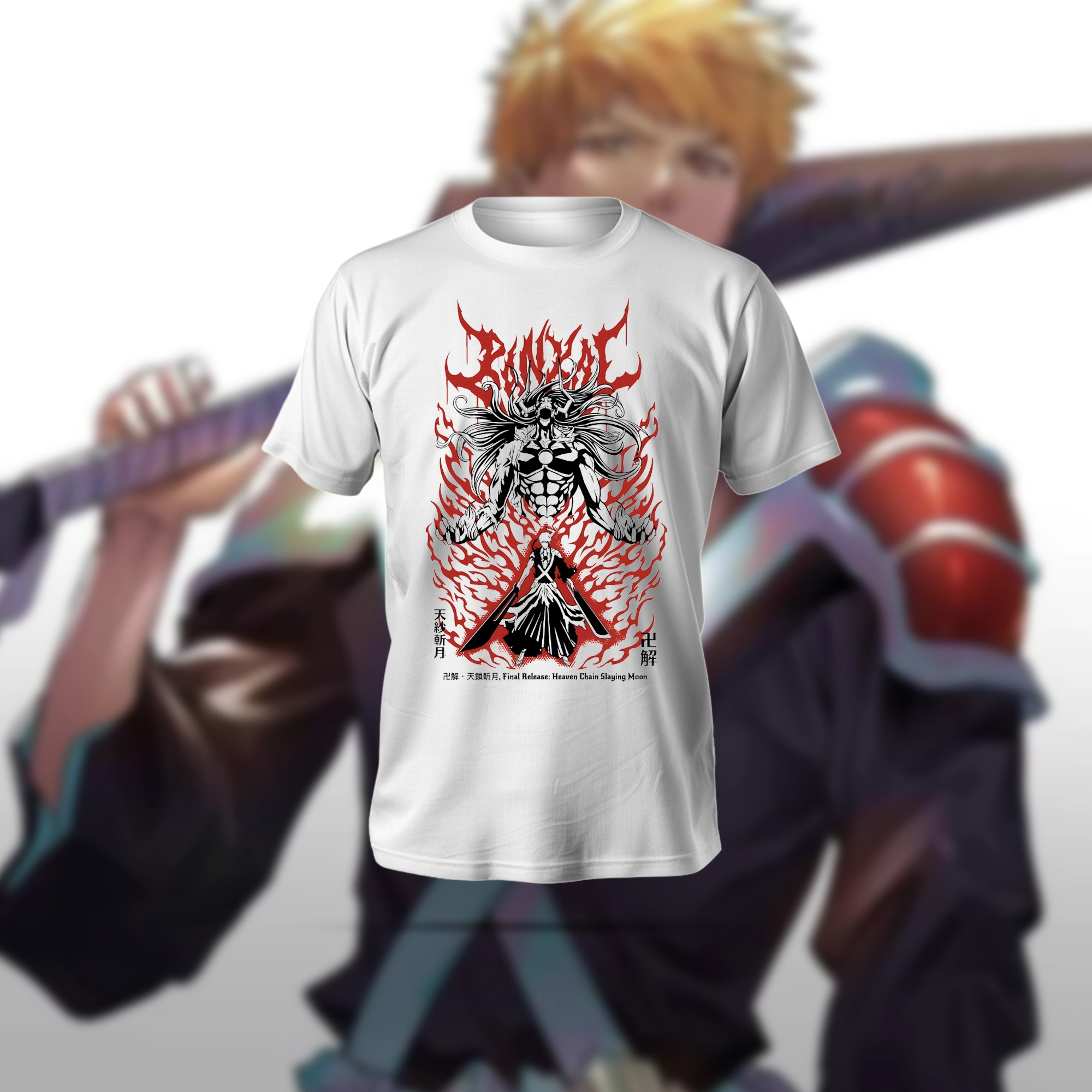 Ichigo Bankai T-Shirt in black with anime character design, made from soft polyester-cotton blend.