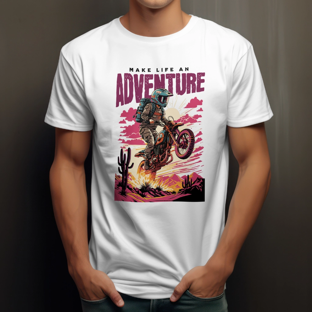 Adventure Bike T-Shirt with a stylish biker print, made from a high-quality polyester-cotton blend. Available in multiple sizes and colors.