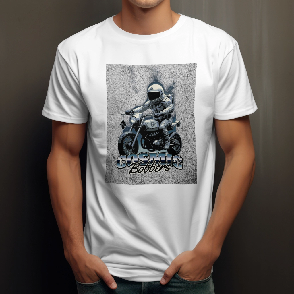 Biker Astronaut T-Shirt featuring a unique astronaut riding a bike design, printed on a high-quality polyester-cotton blend fabric. Available in multiple colors and sizes.