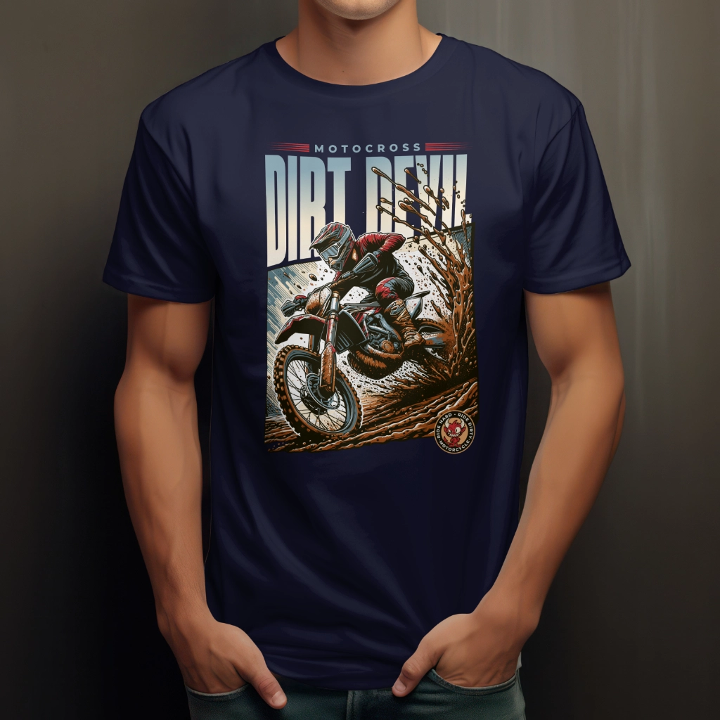 Dirt Devil T-Shirt featuring a bold biker design, made from a soft polyester-cotton blend for comfort and durability.