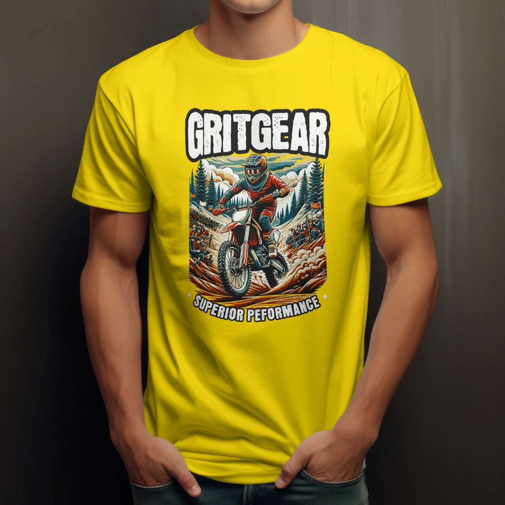 Grit Gear T-Shirt featuring a rugged biker print, made from a premium polyester-cotton blend. Available in multiple colors and sizes.