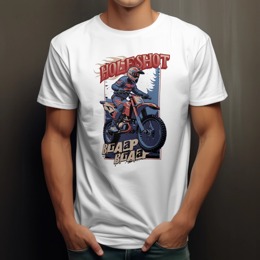 Motocross T-Shirt with a bold biker print, made from a durable polyester-cotton blend. Available in multiple colors and sizes.