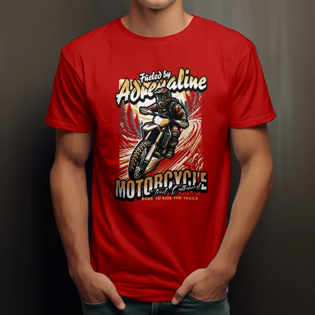 Motorcycle Trail T-Shirt featuring a stylish bike design, made from a soft polyester-cotton blend for comfort and durability.