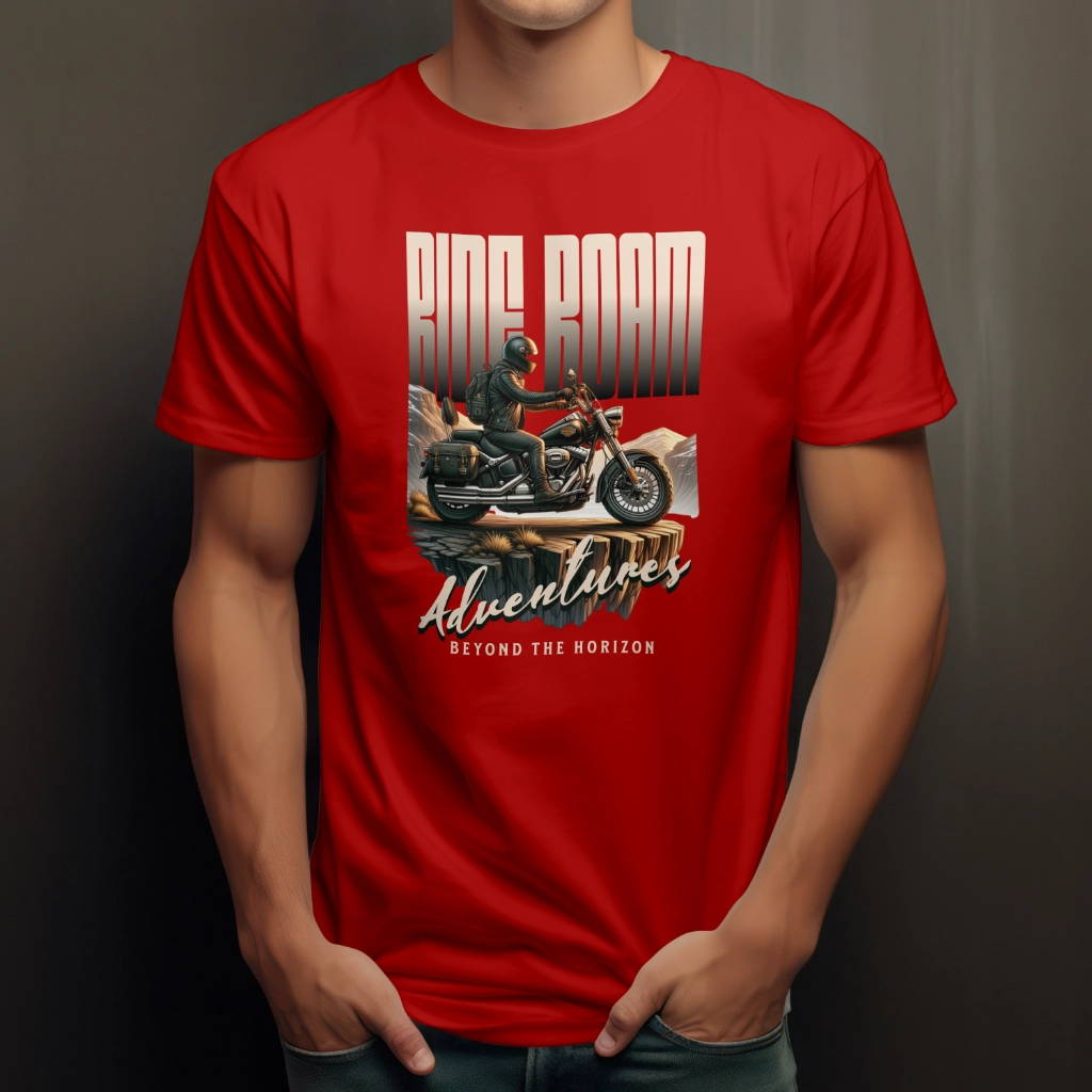 Ride Roam T-Shirt featuring a bold biker print, made from a premium polyester-cotton blend. Available in multiple colors and sizes.