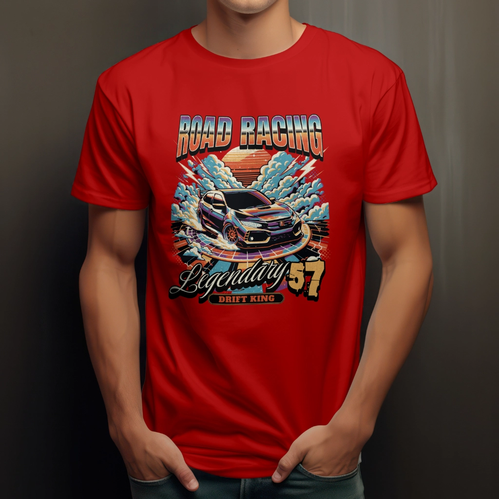 Road Racing T-Shirt with a high-speed racing car design, made from a soft polyester-cotton blend for ultimate comfort and style.