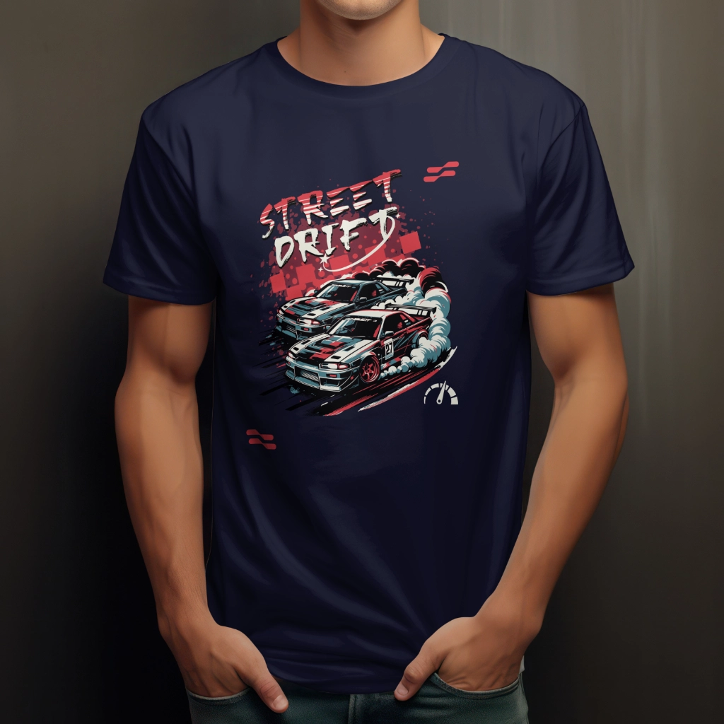 Street Drift T-Shirt featuring a custom car graphic design, available in various colors and sizes. Made from breathable cotton for ultimate comfort.