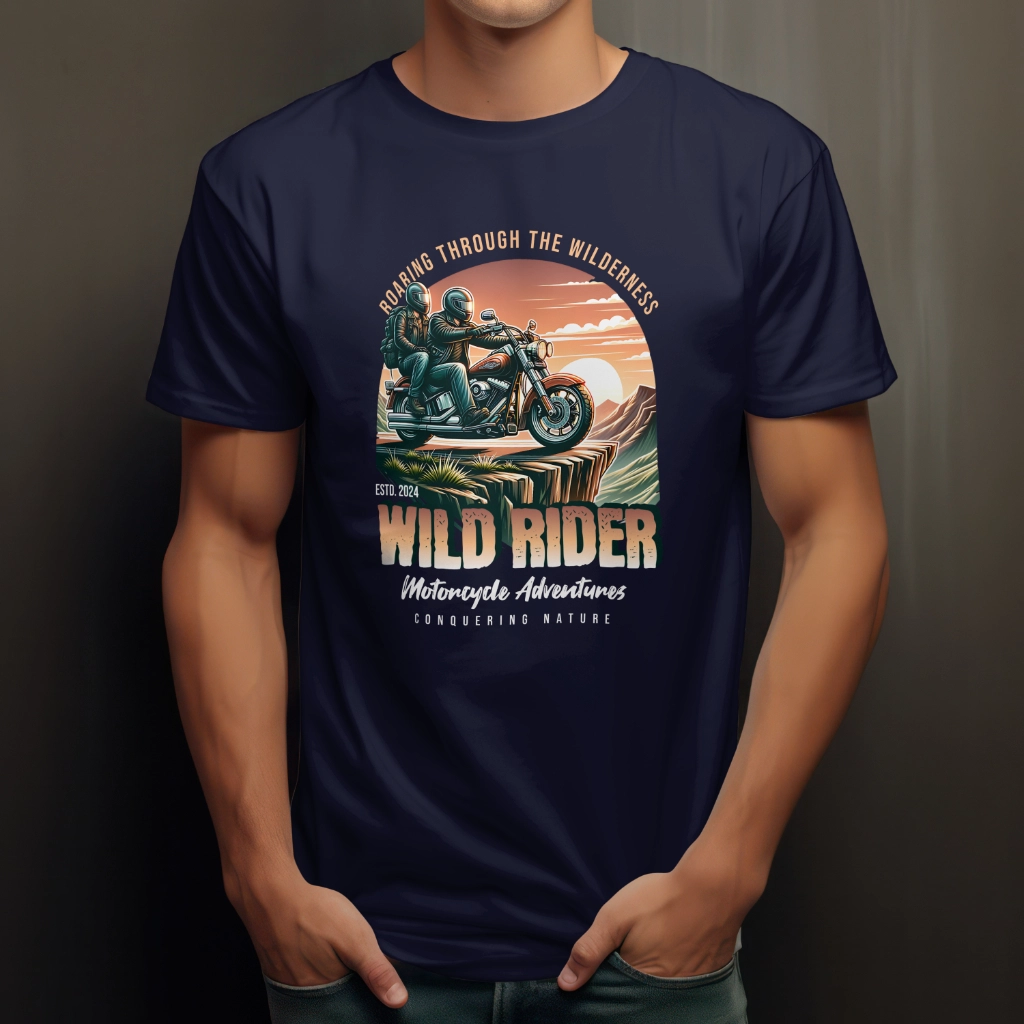 Wild Rider T-Shirt featuring a bold biker print, made from a durable polyester-cotton blend. Available in multiple sizes and colors.