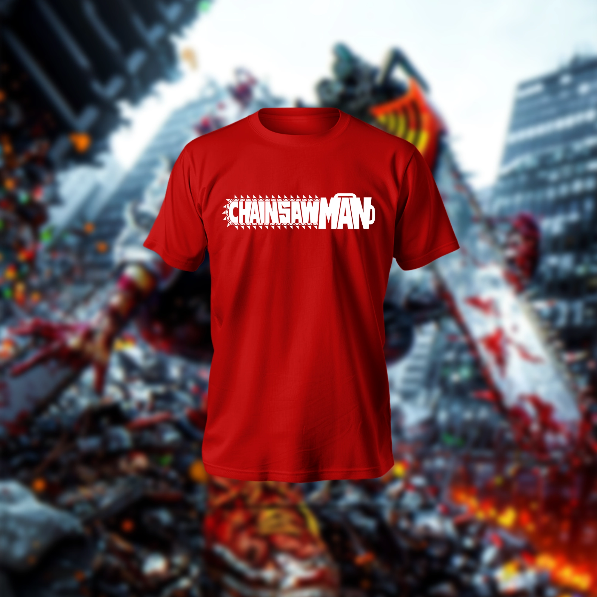 Chainsaw Man T-Shirt in black featuring anime character Denji in Chainsaw form, regular fit, polyester-cotton blend.