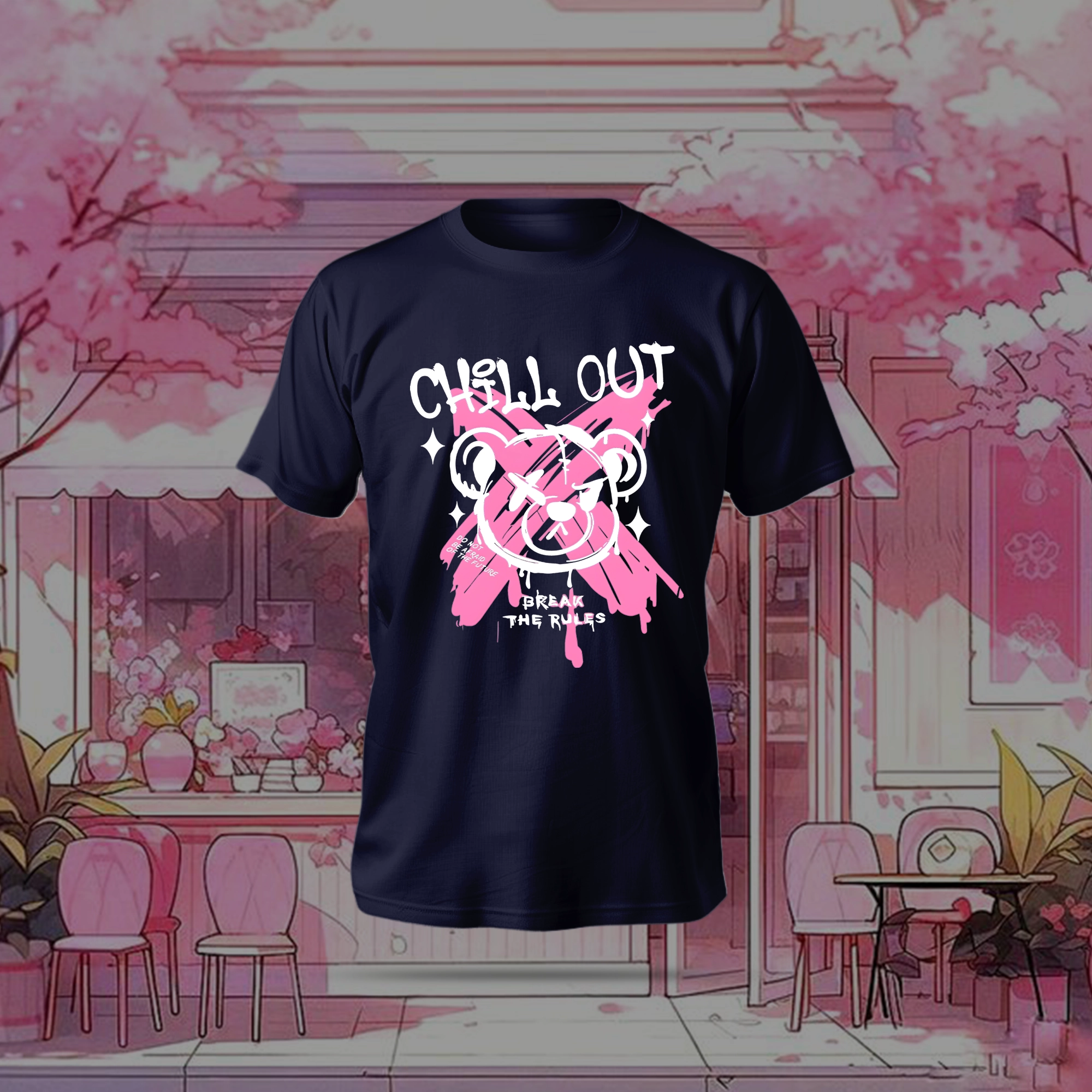 Chillout T-Shirt in black color with anime-style minimalist print and regular fit made from soft polyester-cotton blend.
